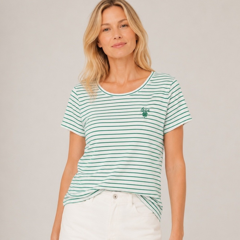 BRIT.NY Women Striped T-Shirt Size M Green White Preppy Coastal Old Money Summer